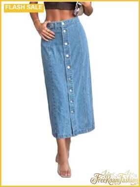 High Waist Midi Denim Skirt Slim Fit Slit Button Front